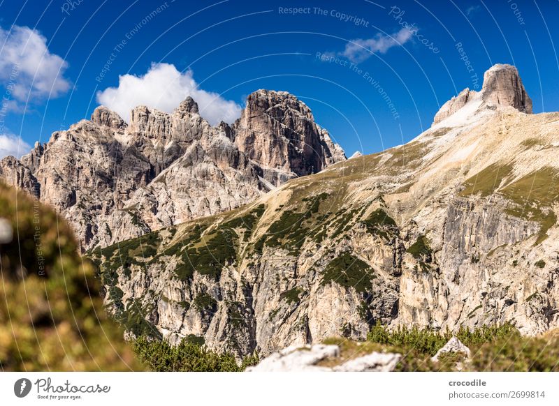 # 830 Three peaks Dolomites Sexten Dolomites World heritage High plain Colour photo Hiking Footpath Peak Mountaineering Alps Beautiful weather Meadow Summer Sun