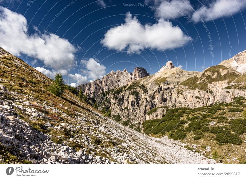 # 828 Three peaks Dolomites Sexten Dolomites World heritage High plain Colour photo Hiking Footpath Peak Mountaineering Alps Beautiful weather Meadow Summer Sun