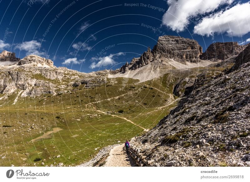 # 827 Three peaks Dolomites Sexten Dolomites World heritage High plain Colour photo Hiking Footpath Peak Mountaineering Alps Beautiful weather Meadow Summer Sun