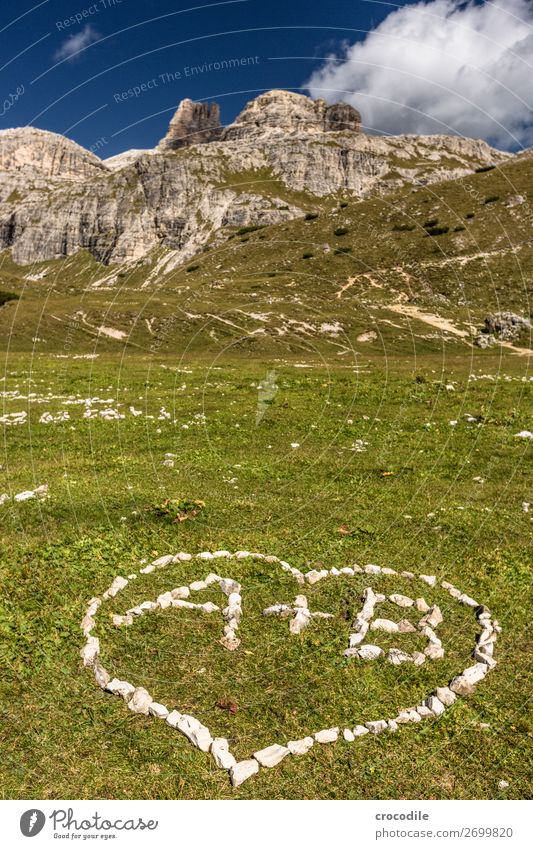 # 833 Three peaks Dolomites Sexten Dolomites World heritage High plain Colour photo Hiking Footpath Peak Mountaineering Alps Beautiful weather Meadow Summer Sun