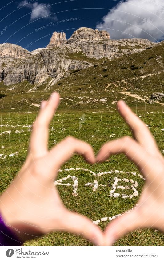 # 834 Three peaks Dolomites Sexten Dolomites World heritage High plain Colour photo Hiking Footpath Peak Mountaineering Alps Beautiful weather Meadow Summer Sun