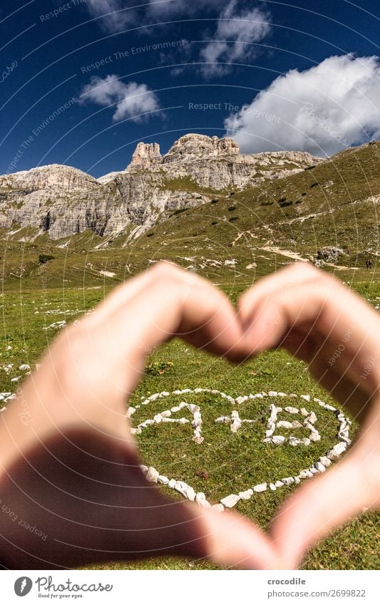 # 835 Three peaks Dolomites Sexten Dolomites World heritage High plain Colour photo Hiking Footpath Peak Mountaineering Alps Beautiful weather Meadow Summer Sun