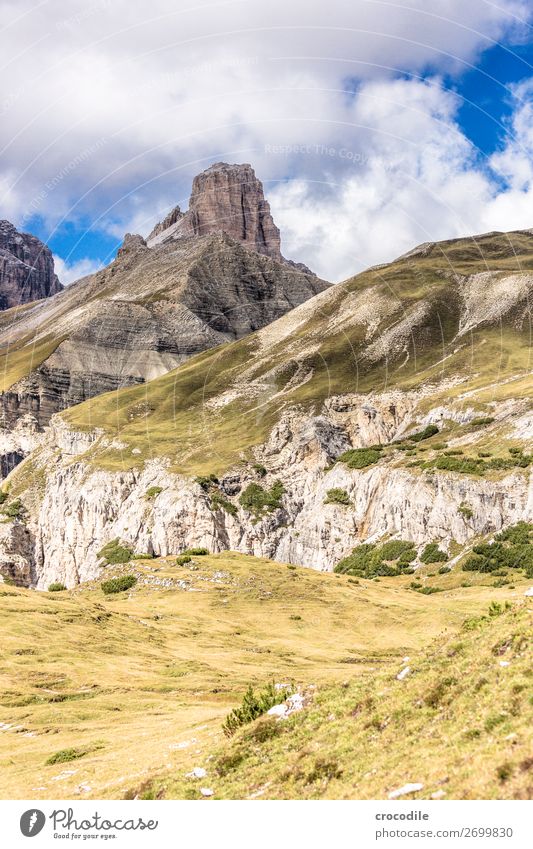 # 823 Three peaks Dolomites Sexten Dolomites World heritage High plain Colour photo Hiking Footpath Peak Mountaineering Alps Beautiful weather Meadow Summer Sun