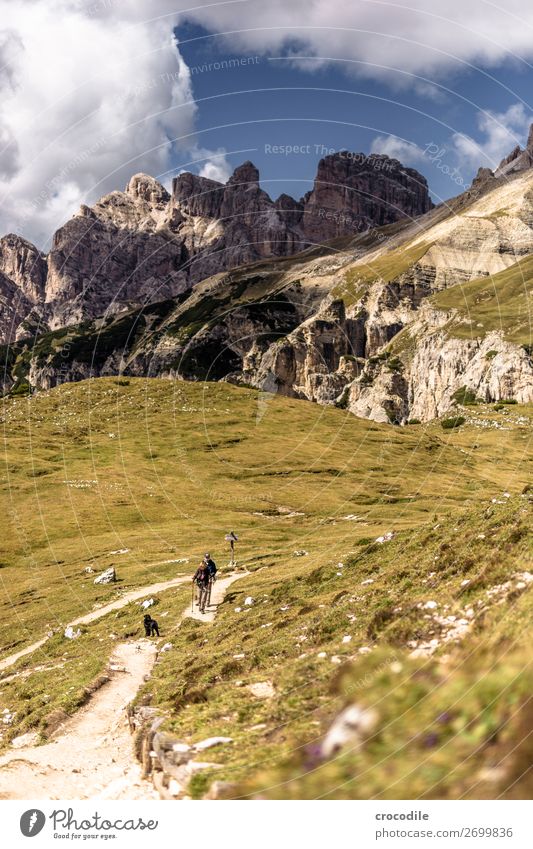 # 818 Three peaks Dolomites Sexten Dolomites World heritage High plain Colour photo Hiking Footpath Peak Mountaineering Alps Beautiful weather Meadow Summer Sun