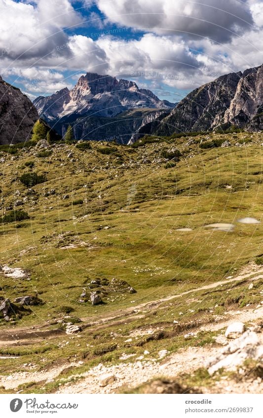 # 817 Three peaks Dolomites Sexten Dolomites World heritage High plain Colour photo Hiking Footpath Peak Mountaineering Alps Beautiful weather Meadow Summer Sun