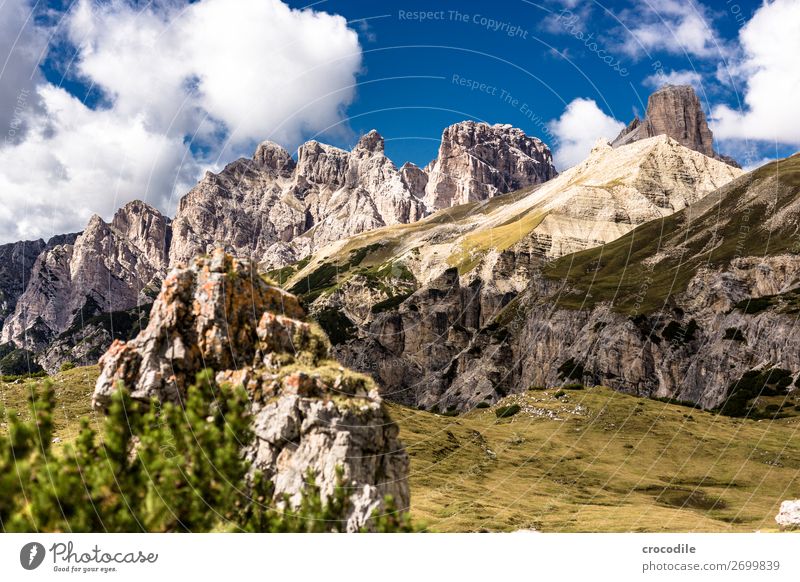 # 790 Three peaks Dolomites Sexten Dolomites World heritage High plain Colour photo Hiking Footpath Peak Mountaineering Alps Beautiful weather Meadow Summer Sun