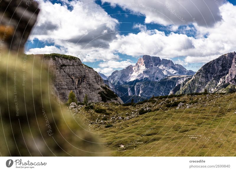 # 791 Three peaks Dolomites Sexten Dolomites World heritage High plain Colour photo Hiking Footpath Peak Mountaineering Alps Beautiful weather Meadow Summer Sun