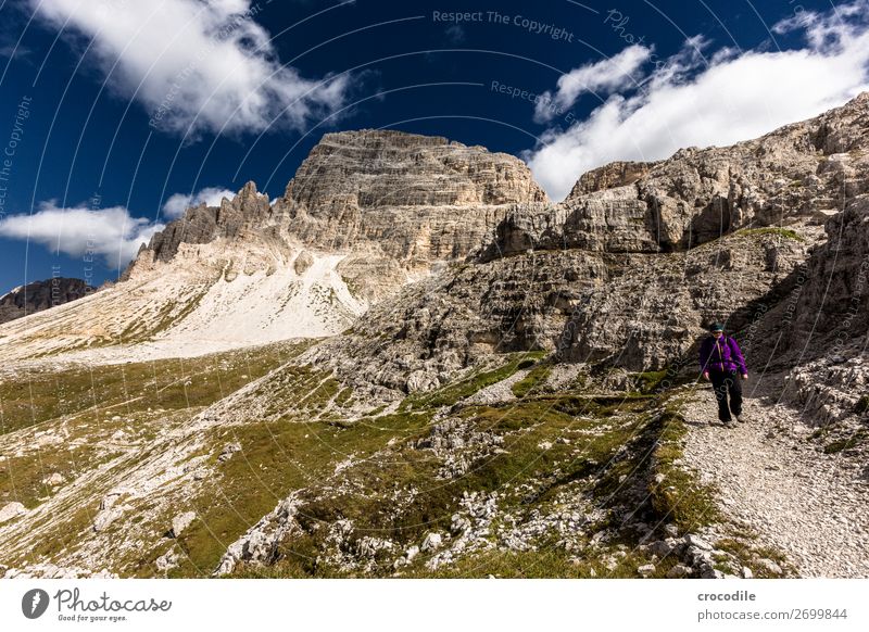 # 808 Three peaks Dolomites Sexten Dolomites World heritage High plain Colour photo Hiking Footpath Peak Mountaineering Alps Beautiful weather Meadow Summer Sun