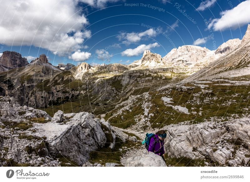 # 806 Three peaks Dolomites Sexten Dolomites World heritage High plain Colour photo Hiking Footpath Peak Mountaineering Alps Beautiful weather Meadow Summer Sun