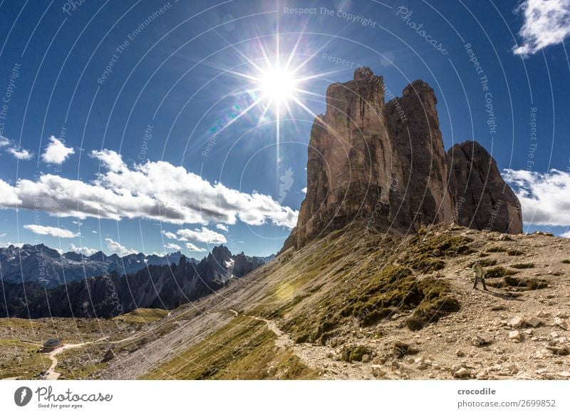 # 801 Three peaks Dolomites Sexten Dolomites World heritage High plain Colour photo Hiking Footpath Peak Mountaineering Alps Beautiful weather Meadow Summer Sun