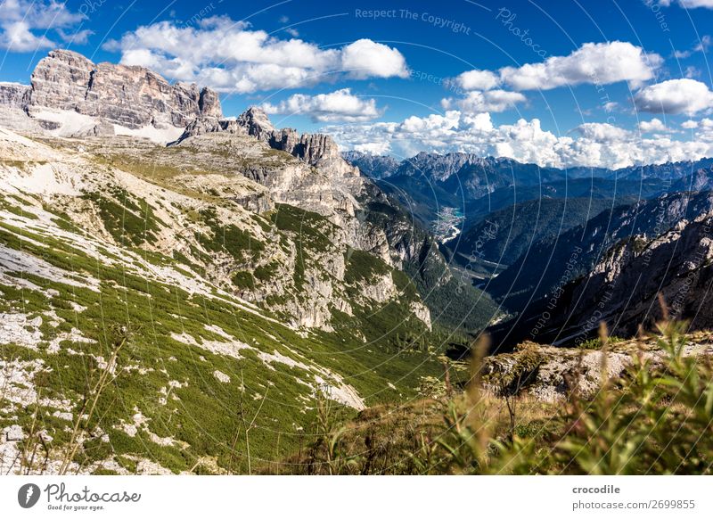 799 Three peaks Dolomites Sexten Dolomites World heritage High plain Colour photo Hiking Footpath Peak Mountaineering Alps Beautiful weather Meadow Summer Sun