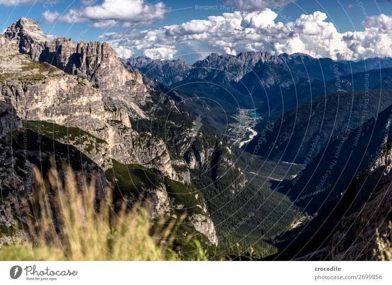 Dolomites Three peaks Sexten Dolomites World heritage High plain Colour photo Hiking Footpath Peak Mountaineering Alps Beautiful weather Meadow Summer Sun