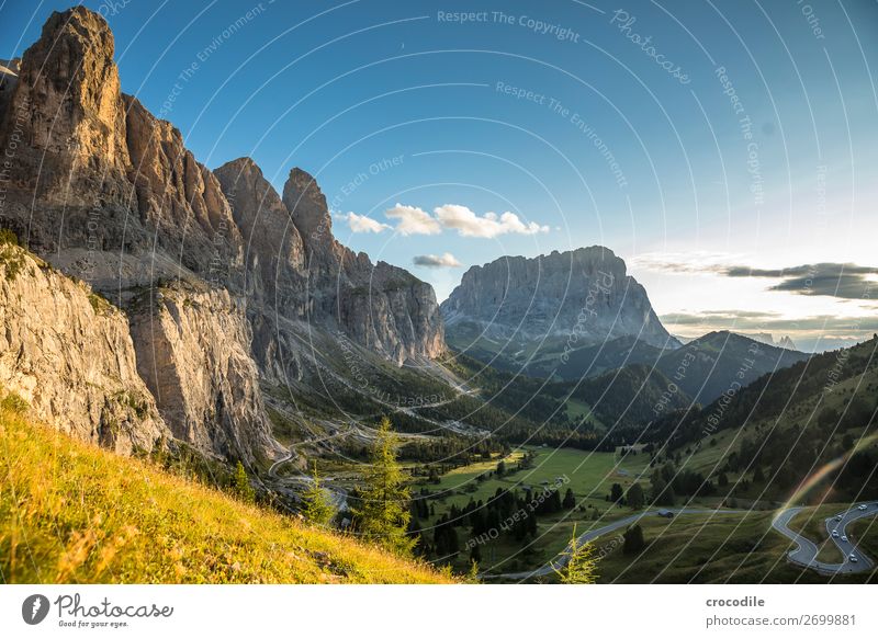 Grödenerjoch with view to the Langkofel Grödener Joch Mountain Dolomites South Tyrol mountain road road trip Sunset Idyll Summer vacation Hiking Mountaineering