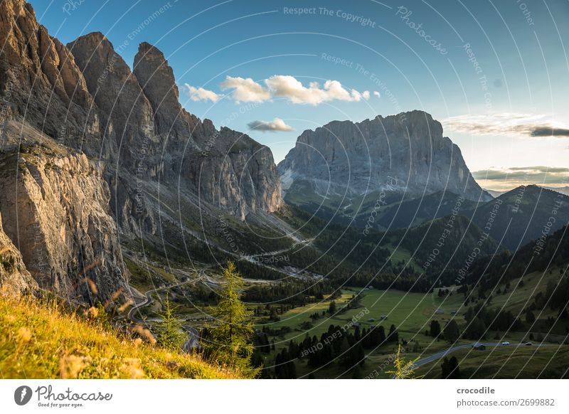 Grödenerjoch with view to the Langkofel Grödener Joch Mountain Dolomites South Tyrol mountain road road trip Sunset Idyll Summer vacation Hiking Mountaineering