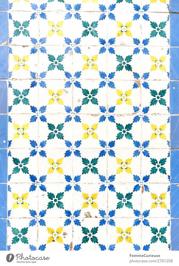 Coloured tiles in Portugal Town Design Tradition Pattern Blossom Flower Plant Flowery pattern Tile Square White Blue Yellow Green Facade Colour photo