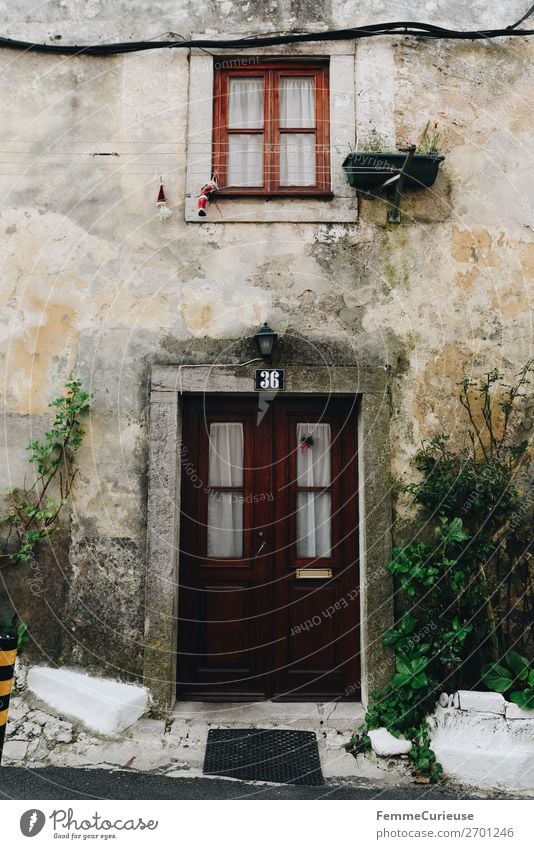 Door in Portugal House (Residential Structure) Vacation & Travel Living or residing Travel photography Facade Old Window Curtain Plaster Rendered facade