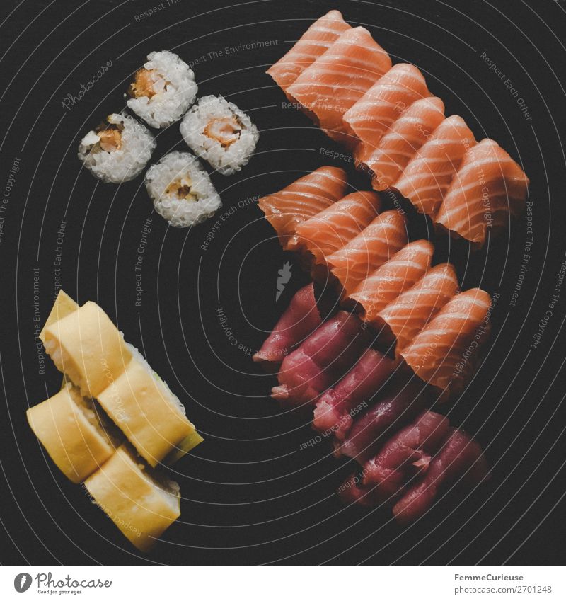 Sushi on black slate plate Food Nutrition Lunch Buffet Brunch Organic produce To enjoy Salmon filet Rice Tuna fish Slate Black Algae Healthy Eating Protein