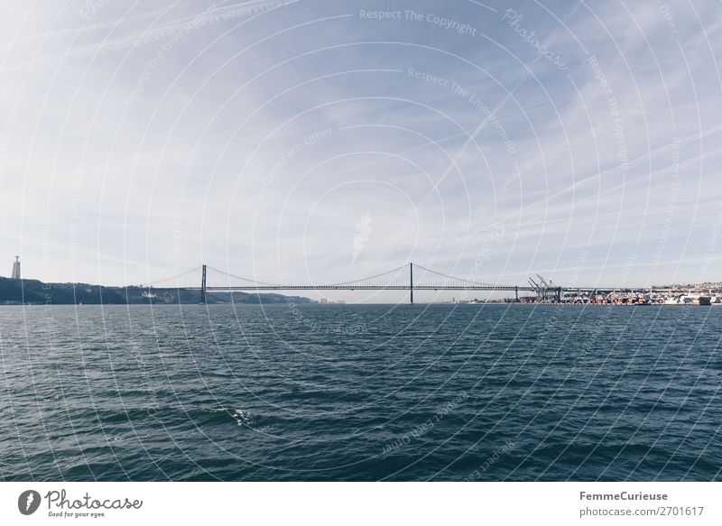 Bridge in Lisbon: Ponte 25 de Abril Town Capital city Vacation & Travel Tejo Bridge Portugal Tourist Attraction Traffic infrastructure Atlantic Ocean Sky Water