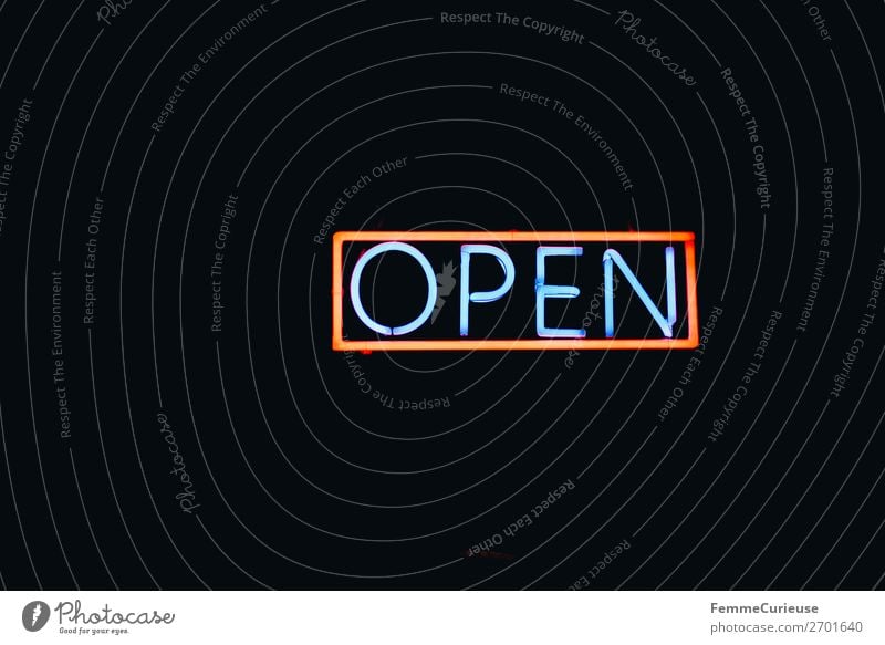 Neon sign showing the word 'OPEN' Sign Characters Signs and labeling Signage Warning sign Communicate Open Opening time Illuminant Neon light Neon lamp Lamp