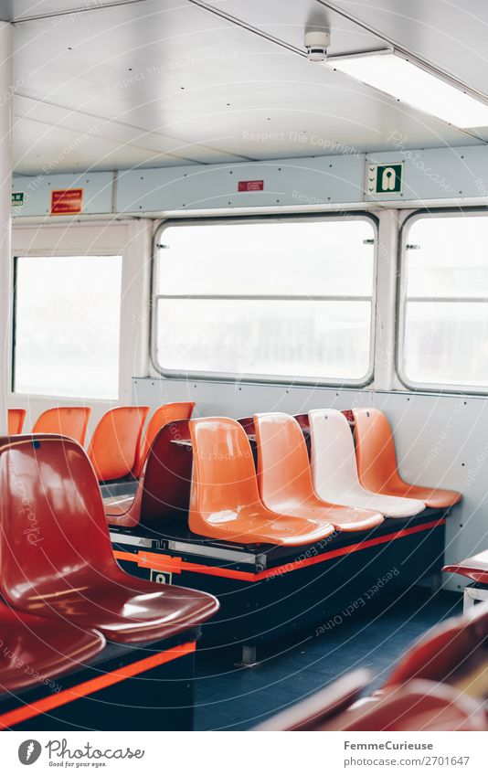 Interior of a ferry with colourful seats Port City Transport Means of transport Passenger traffic Navigation Passenger ship Steamer Ferry Vacation & Travel