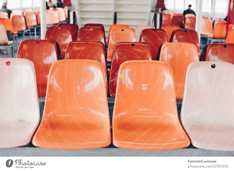 Interior of a ferry with colourful seats Transport Means of transport Navigation Steamer Ferry Vacation & Travel Seating Orange Orange-red Multicoloured