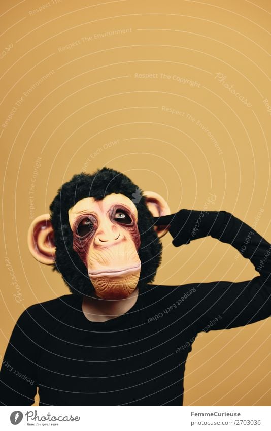 Person with monkey mask drilling dreamingly in ear Joy 1 Human being Boredom drill a hole Ear Drill Fingers Dreamily Monkeys Chimpanzee Mask Pelt Carnival