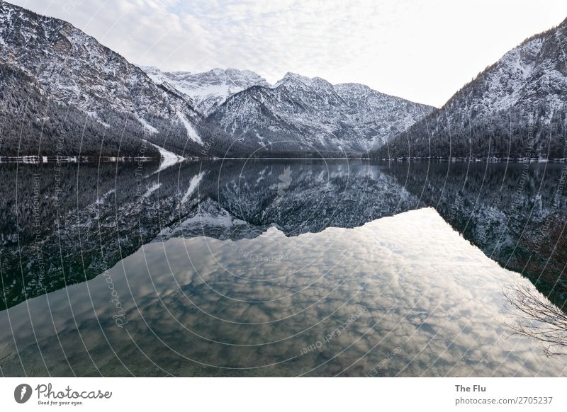 rest Well-being Contentment Senses Relaxation Calm Meditation Winter Snow Winter vacation Mountain Hiking Landscape Water Sky Clouds Sunrise Sunset Alps Peak