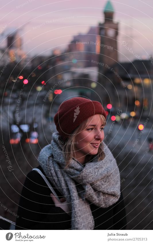 Mrs. Hamburg Harbour Light Port of Hamburg Coat Scarf Cap Blonde Short-haired Bangs Freeze Smiling Looking Stand Happiness Happy Beautiful Gray Pink Serene