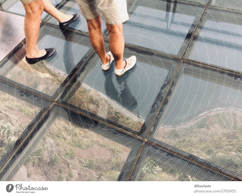 deep view Human being Feminine Legs Feet 2 Landscape Coast Cabo Girao Madeira Footwear glass bottom Looking Fear of heights Colour photo Exterior shot