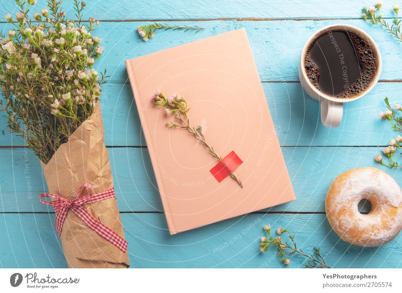 Breakfast table above view. Spring flowers and a pink agenda Beverage Coffee Lifestyle Desk Valentine's Day Mother's Day Wedding Flower Bouquet Love Happiness