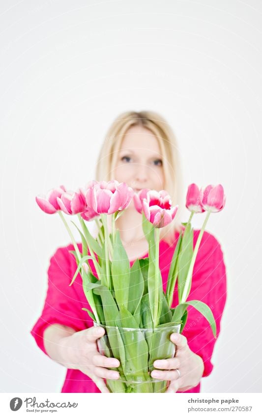 Speaking through the flower Style Joy Decoration Feminine Young woman Youth (Young adults) 1 Human being 18 - 30 years Adults 30 - 45 years Plant Flower Tulip