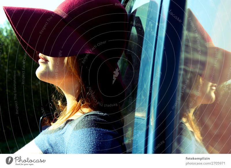 young woman with hat Camping Summer van life Feminine Young woman Youth (Young adults) 1 Human being Breathe To enjoy Looking Dream Joie de vivre (Vitality)