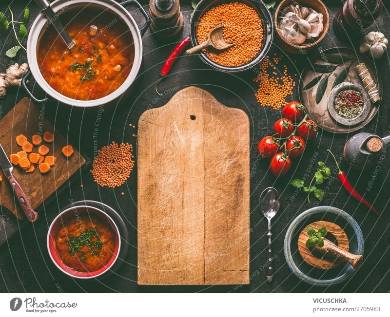 Lentil soup with ingredients on the kitchen table Food Vegetable Grain Herbs and spices Nutrition Banquet Organic produce Vegetarian diet Diet Slow food