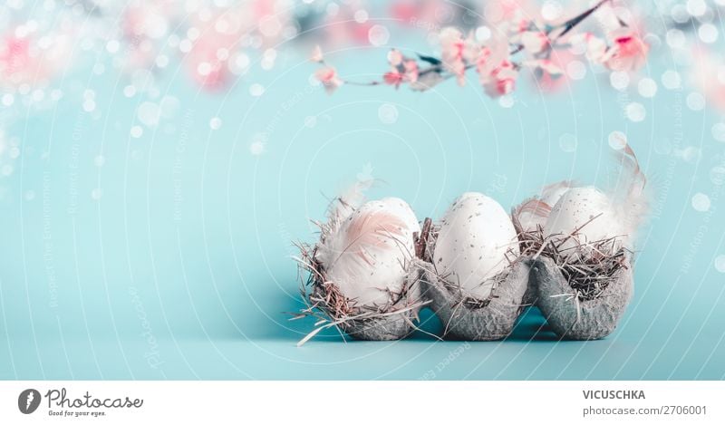 Easter background in pastel colours. Style Design Feasts & Celebrations Nature Spring Leaf Blossom Decoration Bouquet Flag Blue Pink Tradition