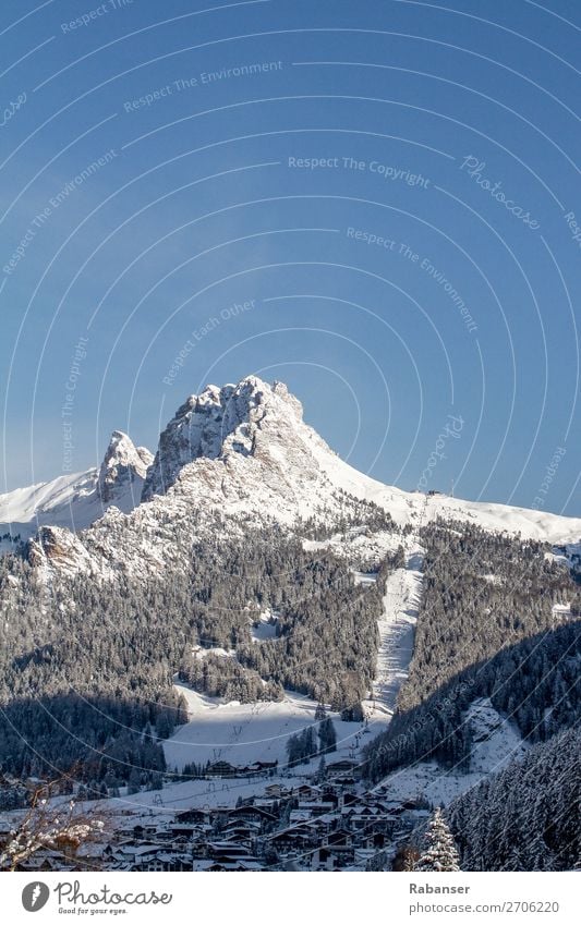 The Cir peaks in the Dolomites Nature Landscape Sky Cloudless sky Winter Weather Beautiful weather Snow Alps Mountain Peak Snowcapped peak Village