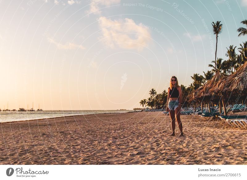 Girl at Bavaro Beaches in Punta Cana, Dominican Republic Happy Vacation & Travel Tourism Summer Ocean Island Woman Adults Environment Nature Sand Tree Leaf