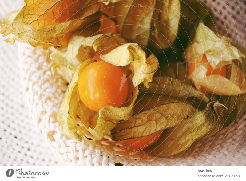 Beautiful macro close-up of physalis Food Fruit Dessert Nutrition Organic produce Vegetarian diet Elegant Design Exotic Restaurant Plant Leaf Simple Creativity