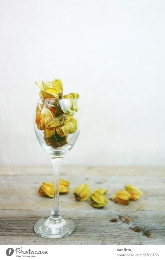 Beautiful and elegant macro close-up of physalis Food Fruit Dessert Nutrition Organic produce Vegetarian diet Glass Elegant Design Exotic Table Restaurant Plant