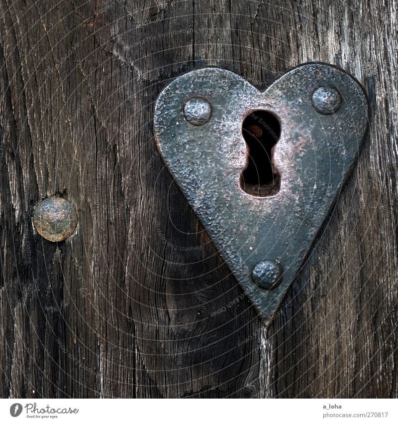 the key to my heart Wood Metal Ornament Lock Old Original Brown Design Door handle Nail Heart Heart-shaped Keyhole Subdued colour Exterior shot Deserted