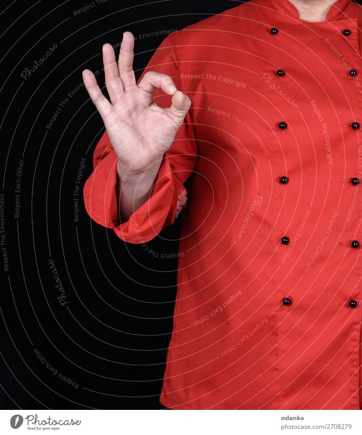 chef in red uniform shows a gesture of approval Kitchen Profession Cook Man Adults Hand Fingers Jacket Sign Good Red Black Gesture successful doing okay