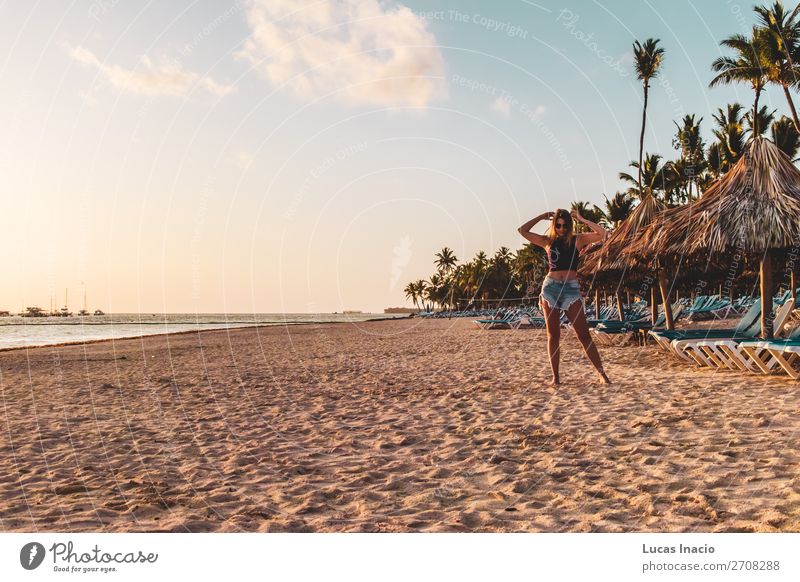 Girl at Bavaro Beaches in Punta Cana, Dominican Republic Happy Vacation & Travel Tourism Summer Ocean Island Woman Adults Environment Nature Sand Tree Leaf