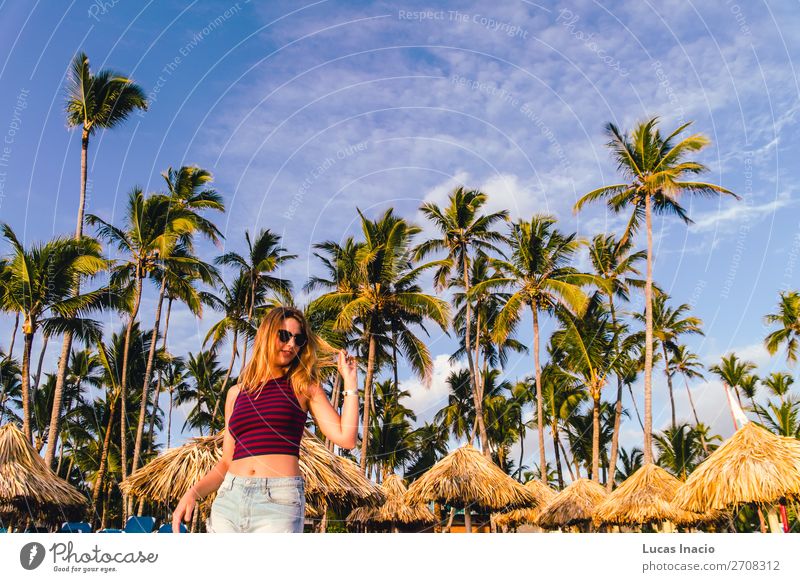 Girl at Bavaro Beaches in Punta Cana, Dominican Republic Happy Vacation & Travel Tourism Summer Ocean Island Woman Adults Environment Nature Sand Tree Leaf