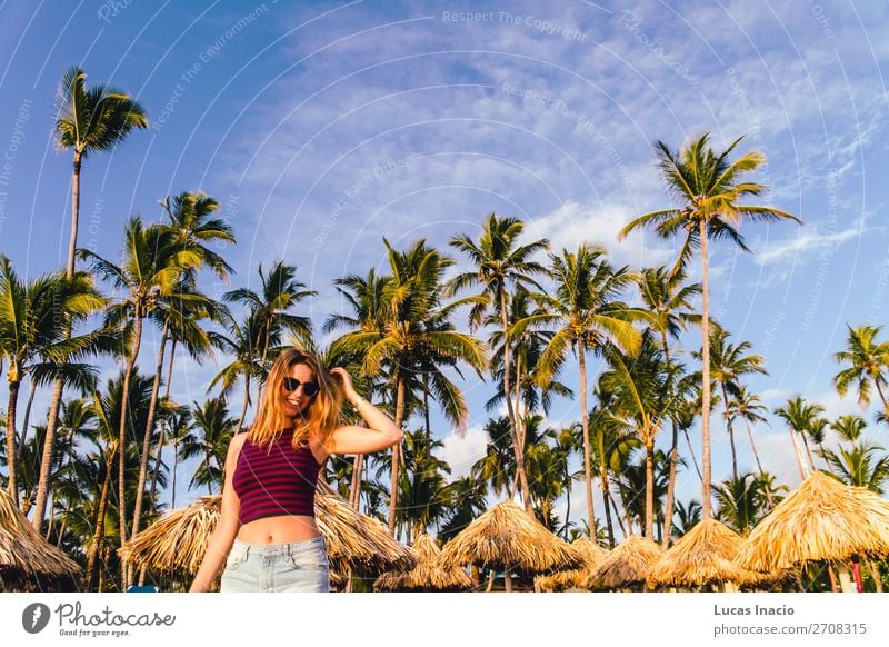 Girl at Bavaro Beaches in Punta Cana, Dominican Republic Happy Vacation & Travel Tourism Summer Ocean Island Woman Adults Environment Nature Sand Tree Leaf