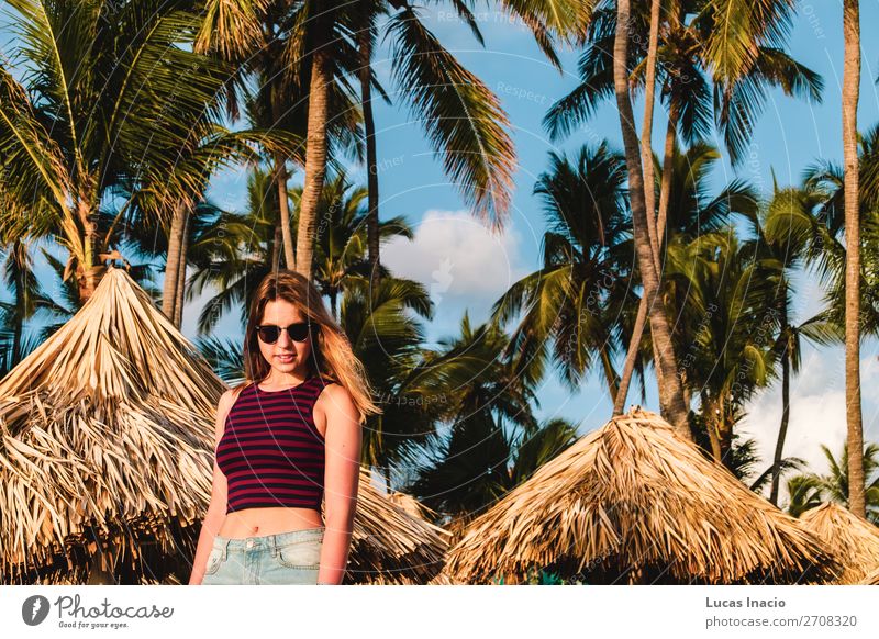 Girl at Bavaro Beaches in Punta Cana, Dominican Republic Happy Vacation & Travel Tourism Summer Ocean Island Woman Adults Environment Nature Sand Tree Leaf