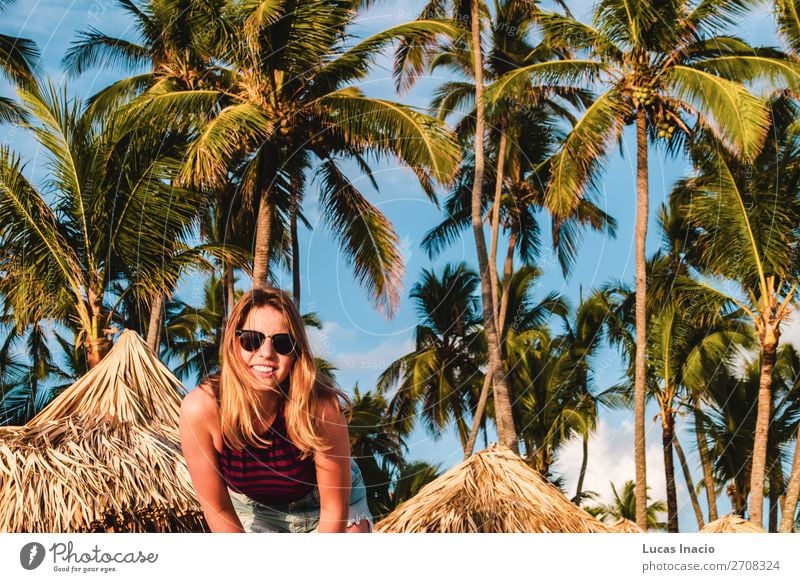 Girl at Bavaro Beaches in Punta Cana, Dominican Republic Happy Vacation & Travel Tourism Summer Ocean Island Woman Adults Environment Nature Sand Tree Leaf