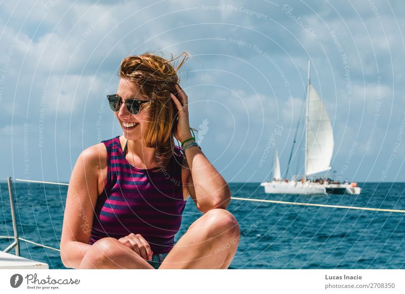 Girl in a boat near Saona Island, Dominican Republic Happy Vacation & Travel Tourism Summer Beach Ocean Woman Adults Environment Nature Sand Coast Watercraft