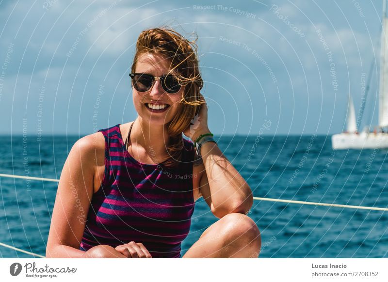 Girl in a boat near Saona Island, Dominican Republic Happy Vacation & Travel Tourism Summer Beach Ocean Woman Adults Environment Nature Sand Coast Watercraft