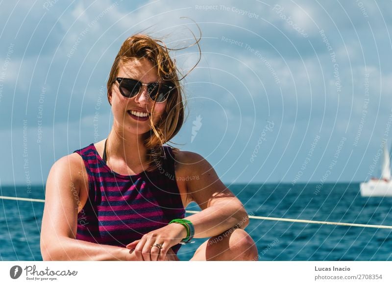 Girl in a boat near Saona Island, Dominican Republic Happy Vacation & Travel Tourism Summer Beach Ocean Woman Adults Environment Nature Sand Coast Watercraft