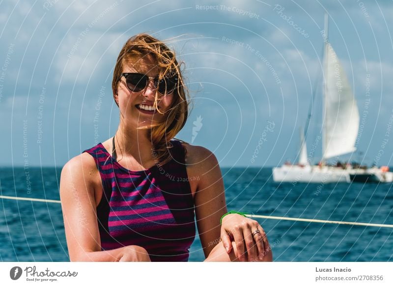 Girl in a boat near Saona Island, Dominican Republic Happy Vacation & Travel Tourism Summer Beach Ocean Woman Adults Environment Nature Sand Coast Watercraft