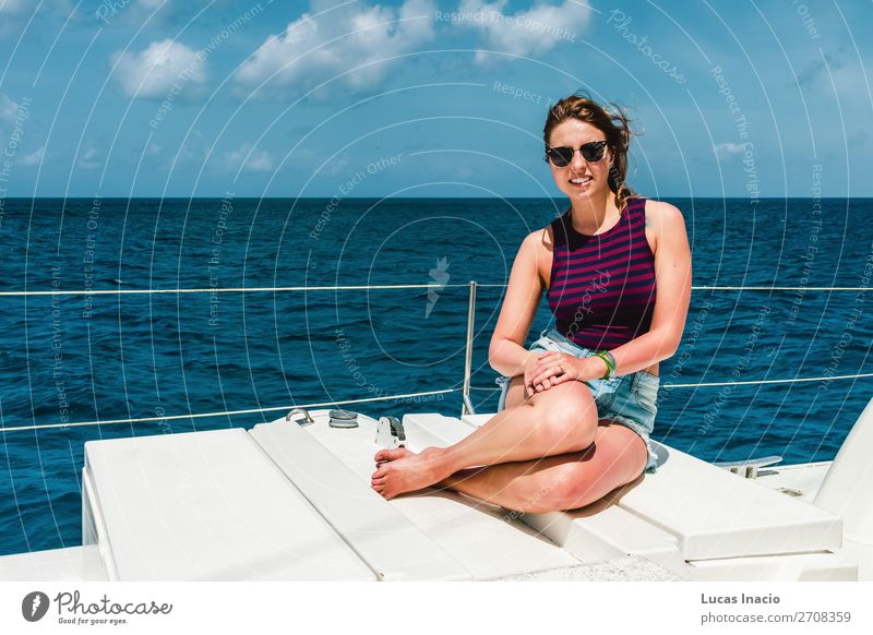 Girl in a boat near Saona Island, Dominican Republic Happy Vacation & Travel Tourism Summer Beach Ocean Woman Adults Environment Nature Sand Coast Watercraft